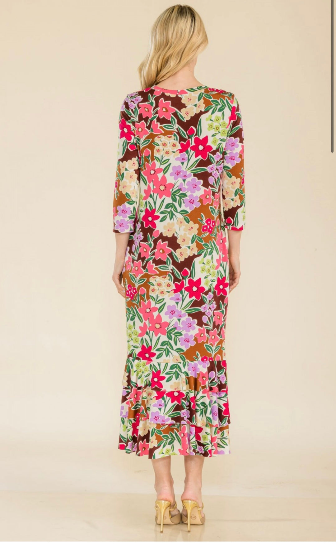 Liza Lou's Brown/tan with Multi Color Floral Long Layering Dress with Bottom Ruffles