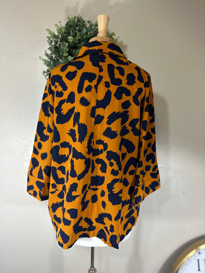 Liza’s Umgee Blouse Top w/ Navy Animal Print  Ochre Background