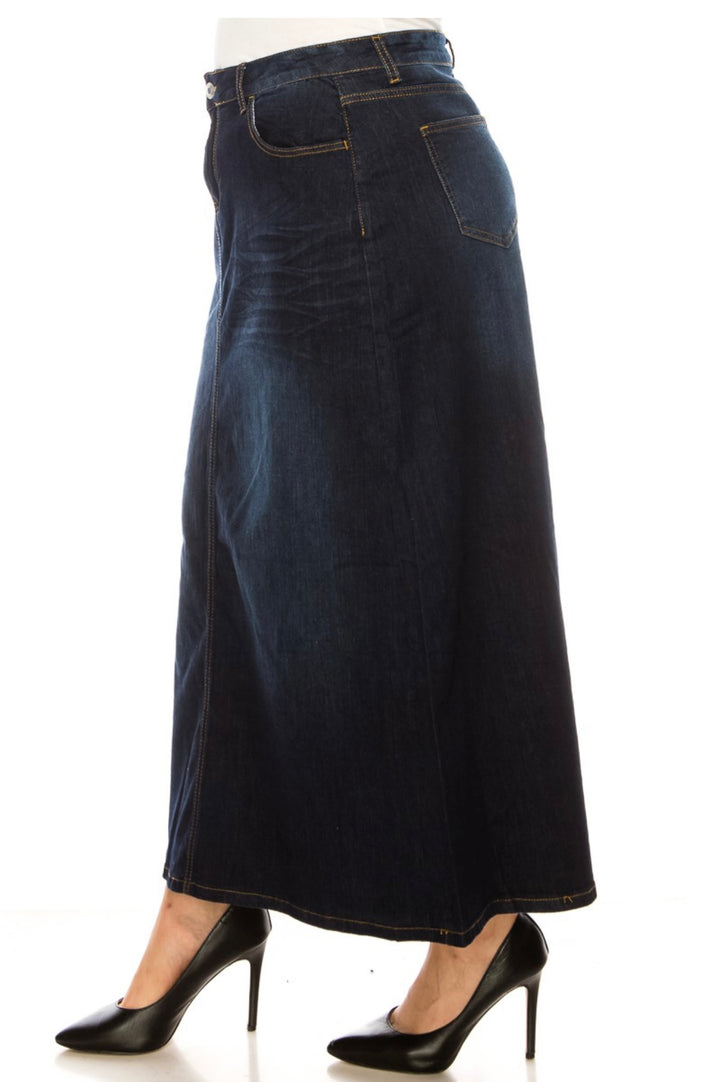 Liza Lou's Blue Indigo Stretchy Long Modest Denim Skirt Plus and Misses