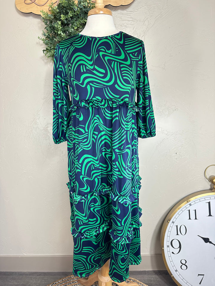 Liza's Lou's Modest Navy with Green Ruffles and Tiered Dress