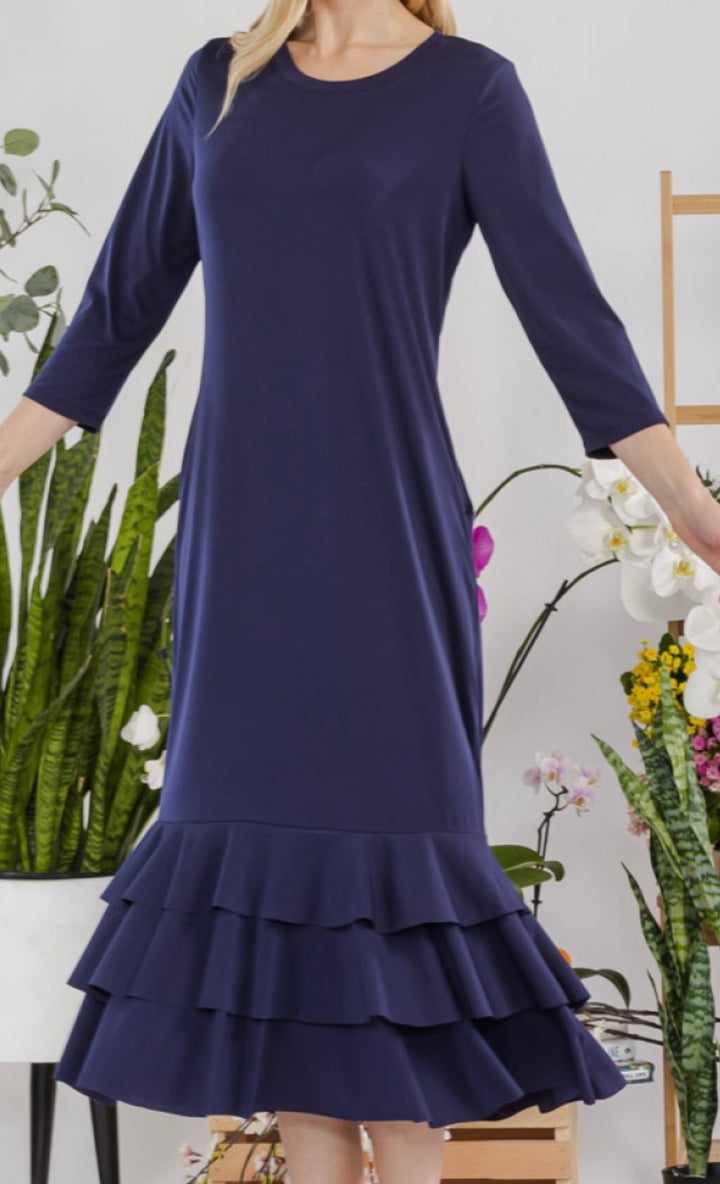 Liza Lou's Navy Blue Long Layering Dress with Bottom Ruffles