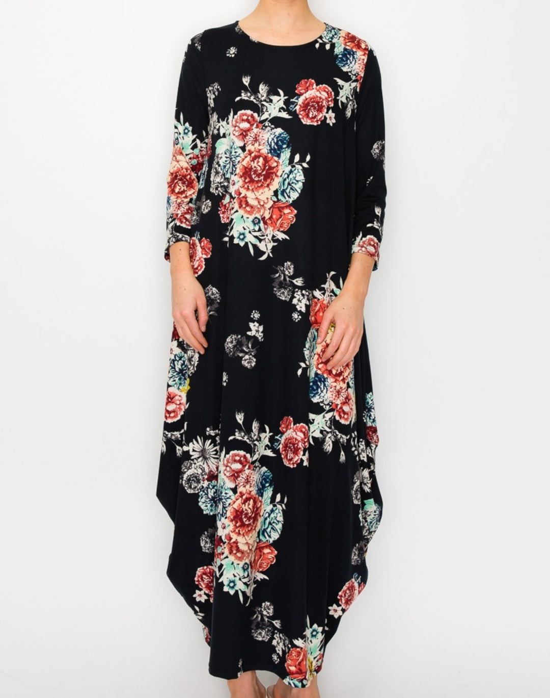 Poliana Black with Floral Print Pattern Bubble Dress Long Maxi Dress