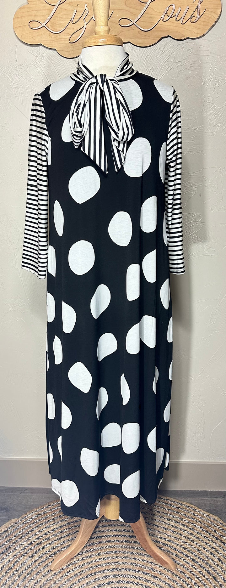 Liza Lou's Park View Polka Dot Black Dress with Stripes Contrast