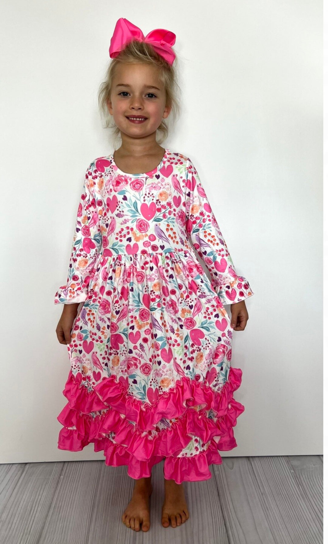 Pink Hearts Love Blossom Toddler Girl's Dress Floral Dress with Pink Ruffles Long Maxi Dress