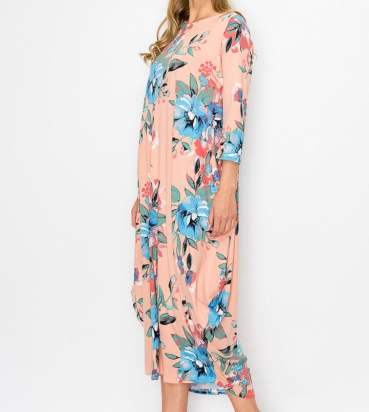 Poliana Peach with Blue Florals Print Pattern Bubble Dress Long Maxi Dress