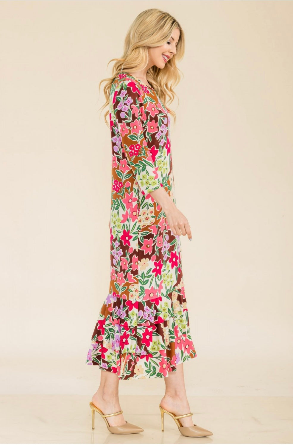 Liza Lou's Brown/tan with Multi Color Floral Long Layering Dress with Bottom Ruffles