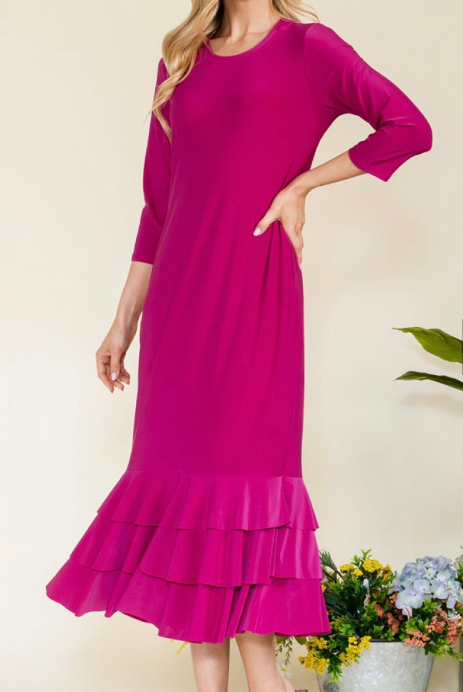 Liza Lou's Magenta Pink Long Layering Dress with Bottom Ruffles