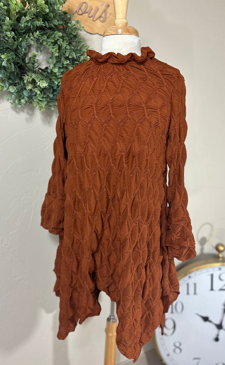 Lovely Lady Textured Rust Copper Shark Bite Handkerchief Tunic