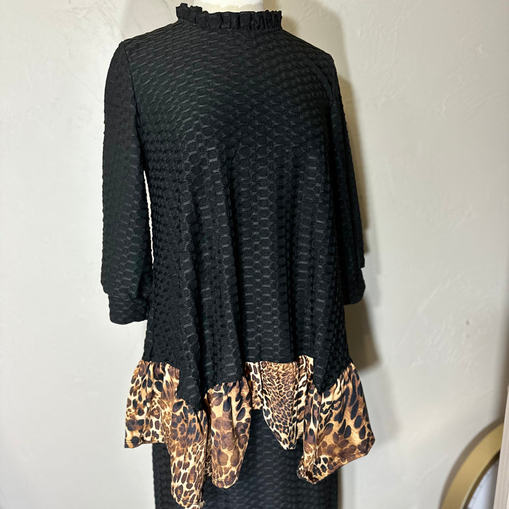 Felicity Black Honeycomb Asymmetrical Top with Animal Print Addition