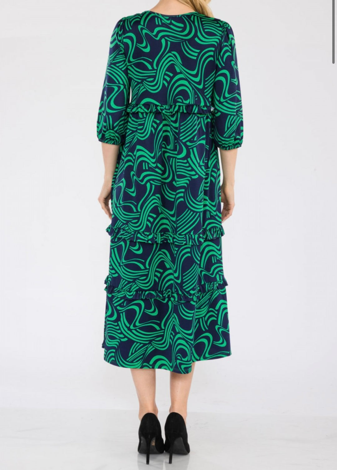 Liza's Lou's Modest Navy with Green Ruffles and Tiered Dress