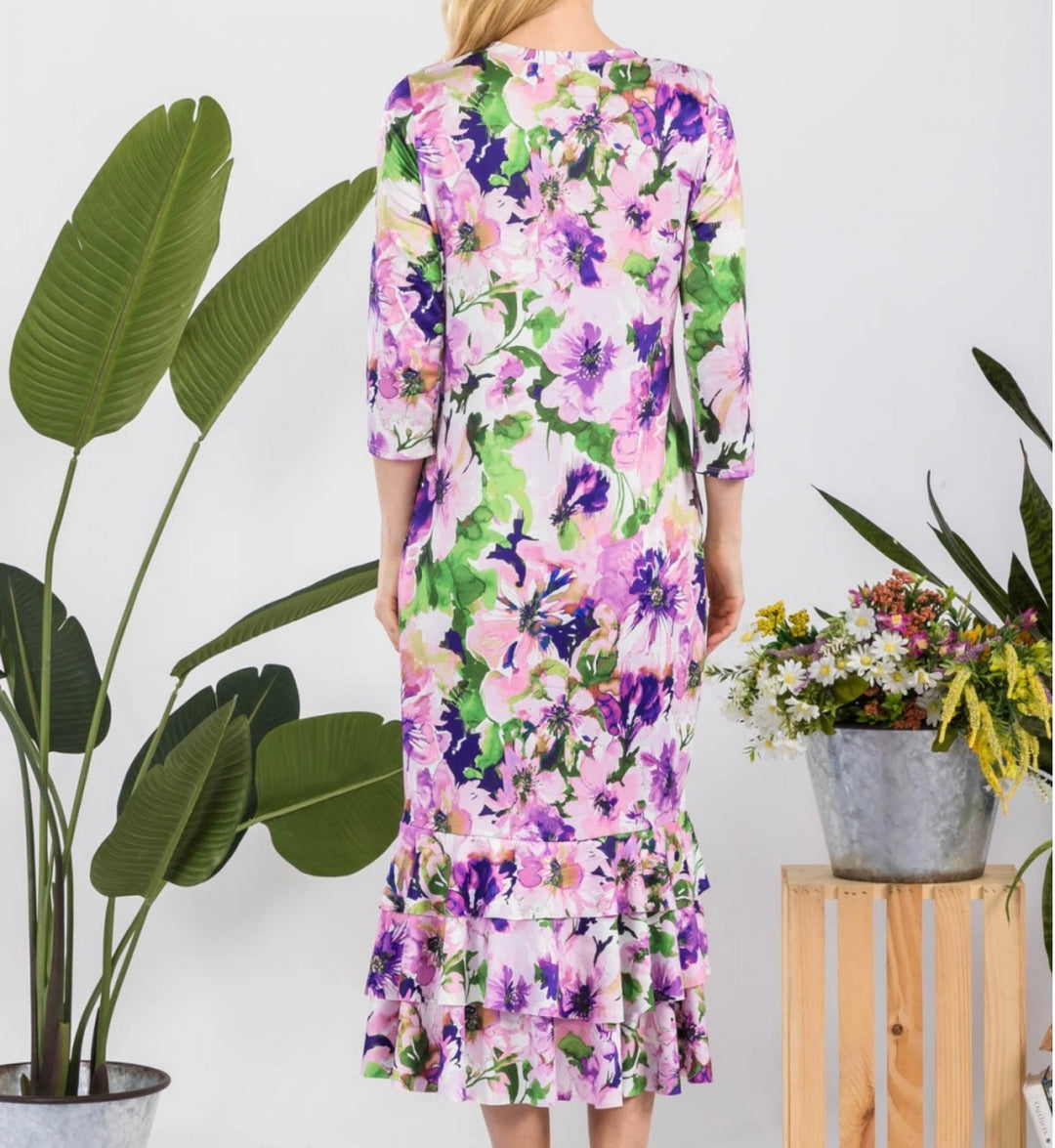 Liza Lou's Purple Floral Long Layering Dress with Bottom Ruffles