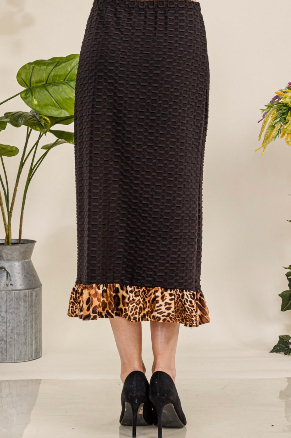 Felicity Black Honeycomb Skirt with Animal Print Bottom Ruffle