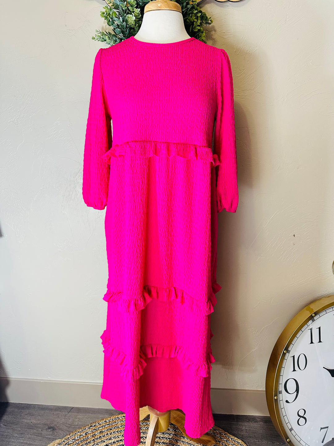 Selena Textured Classic Fuchsia Tiered Ruffle Long Dress