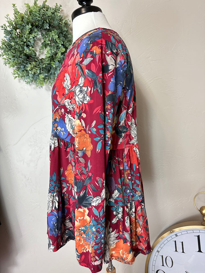 Burgundy Red with Floral Baby Doll Tunic Top
