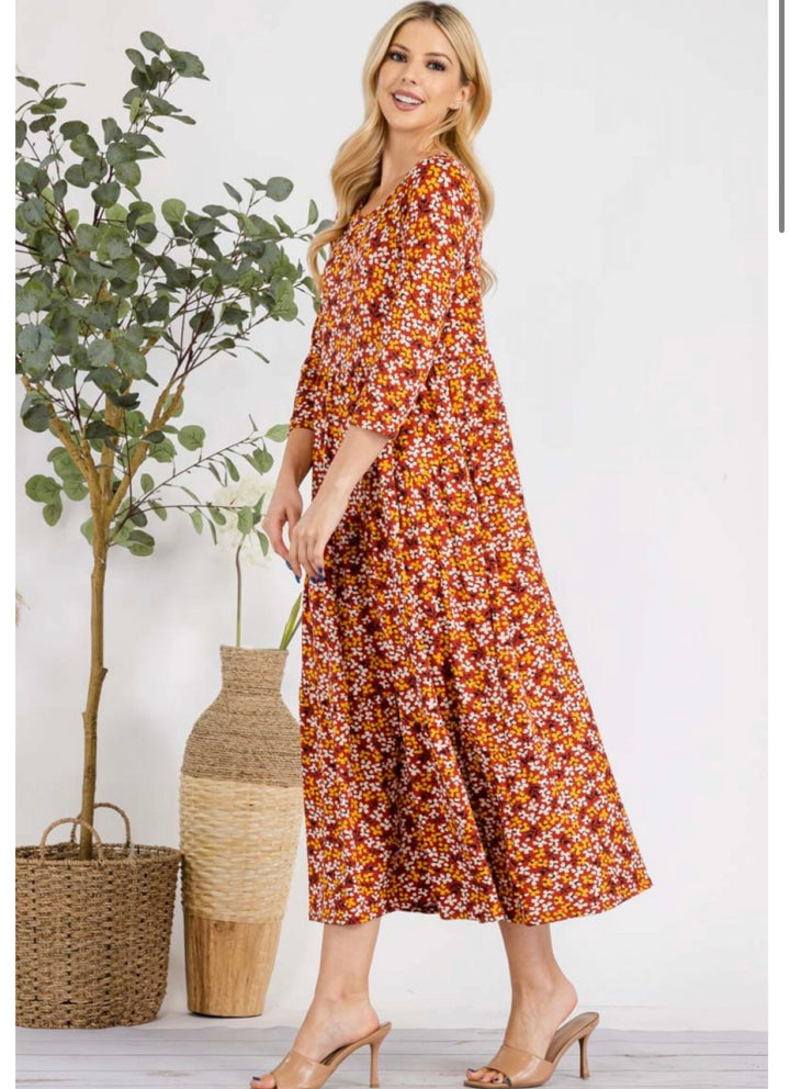 Women's Asymmetrical Tiered Midi Dress Rust Floral