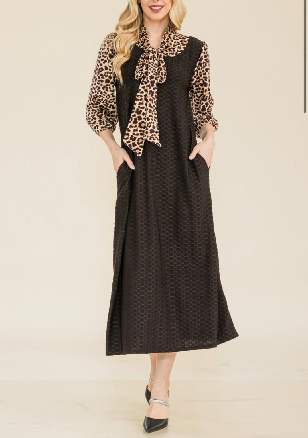 Women's Classic Long Modest Black Honeycomb Dress with Animal Print Sleeves & Tie