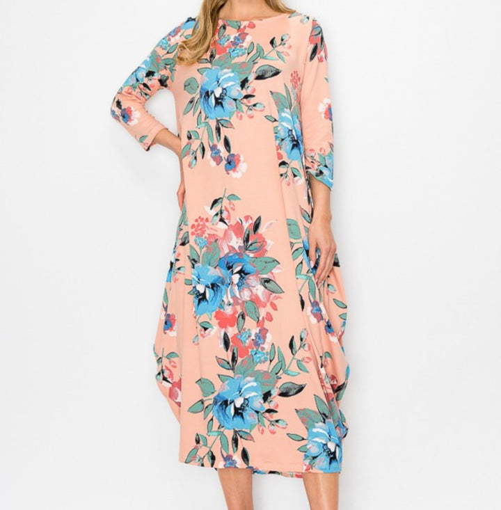 Poliana Peach with Blue Florals Print Pattern Bubble Dress Long Maxi Dress