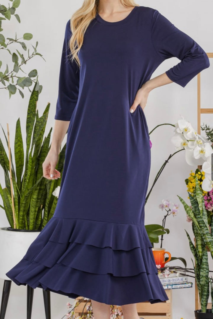 Liza Lou's Navy Blue Long Layering Dress with Bottom Ruffles