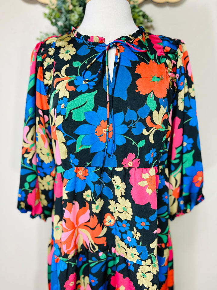 Liza’s Umgee Colorful Floral Tiered Dress Black Background