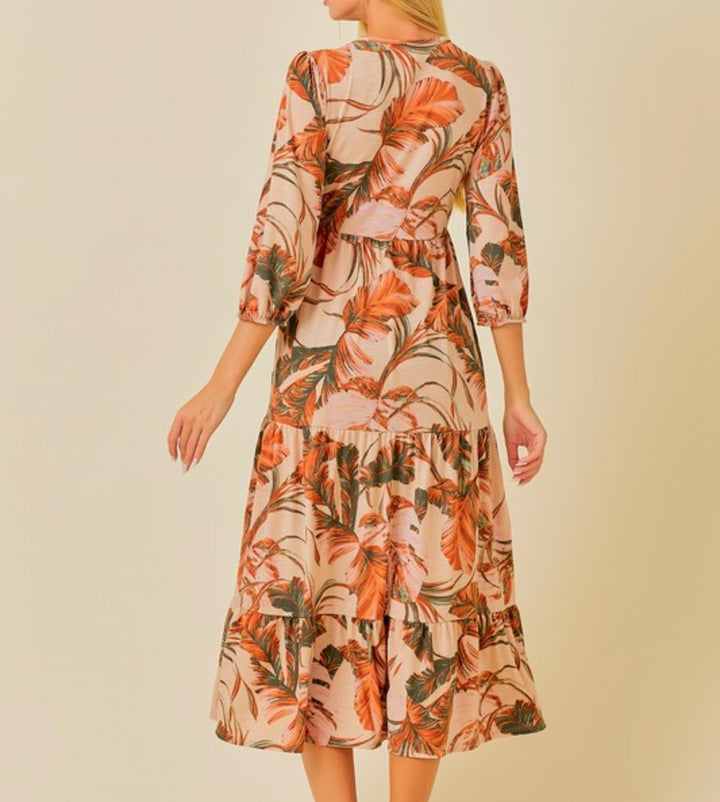 Topical Caramel Modest Long Floral Tiered Dress with Elastic Waist