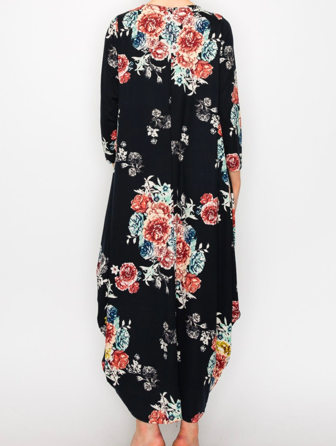 Poliana Black with Floral Print Pattern Bubble Dress Long Maxi Dress