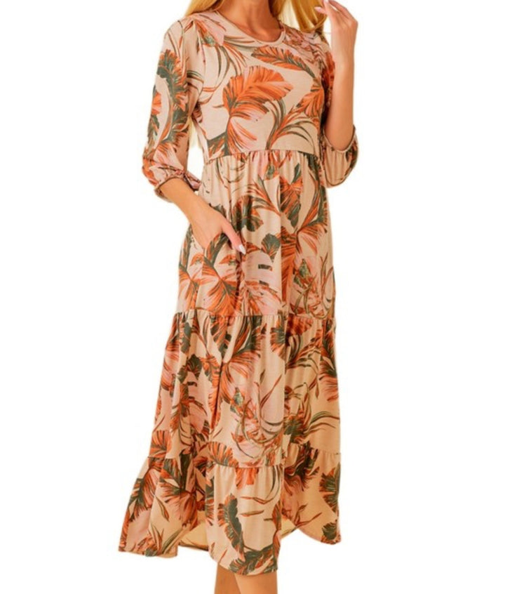 Topical Caramel Modest Long Floral Tiered Dress with Elastic Waist