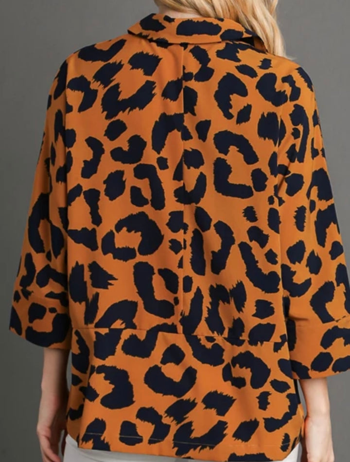 Liza’s Umgee Blouse Top w/ Navy Animal Print  Ochre Background