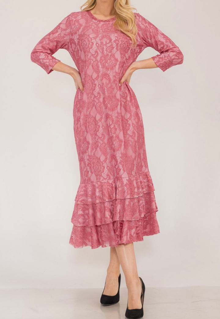 Liza Lou's Dusty Rose Lace Long Layering Dress with Bottom Ruffles