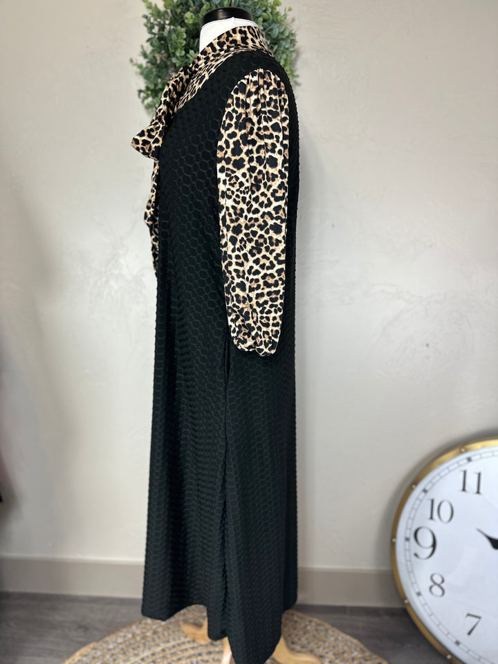 Women's Classic Long Modest Black Honeycomb Dress with Animal Print Sleeves & Tie