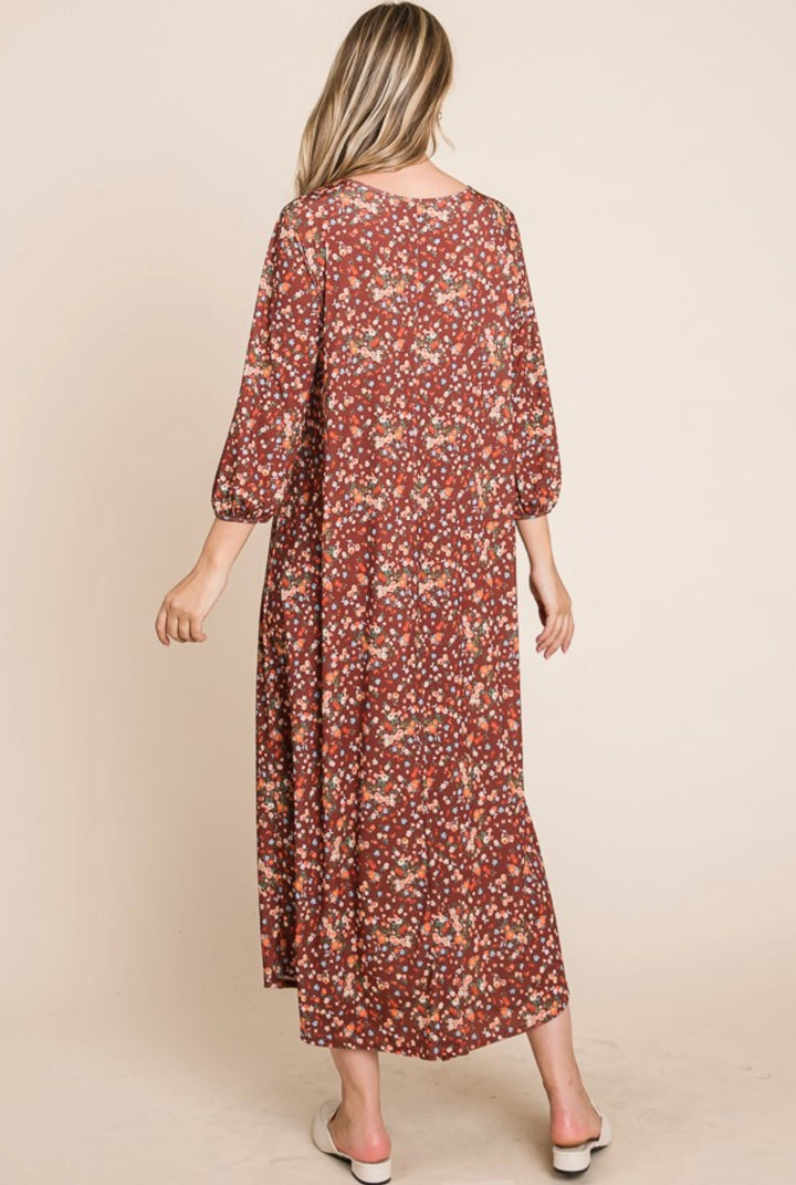 Liza Lou's BomBom Brown Floral Print Flowy Maxi Dress