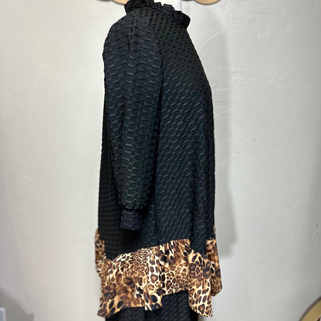 Felicity Black Honeycomb Asymmetrical Top with Animal Print Addition