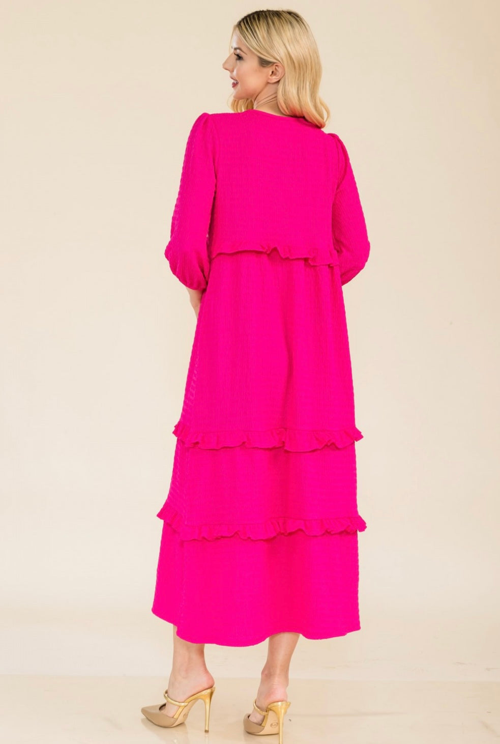 Selena Textured Classic Fuchsia Tiered Ruffle Long Dress