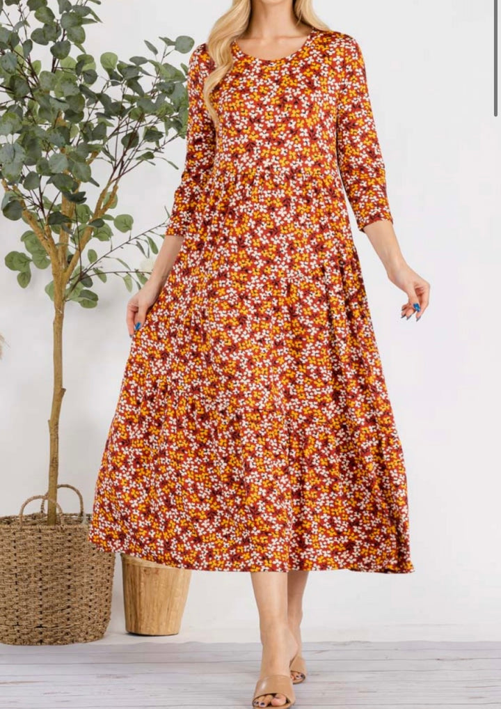 Women's Asymmetrical Tiered Midi Dress Rust Floral