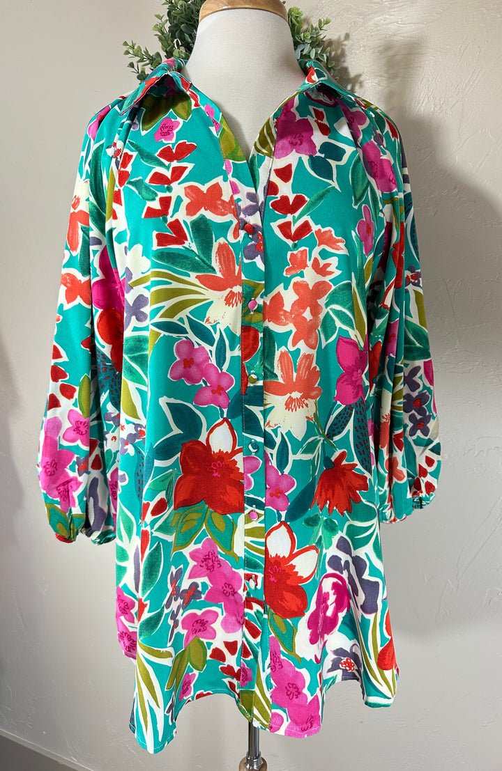 Liza’s Umgee Colorful Floral Print Collared Button Up Blouse