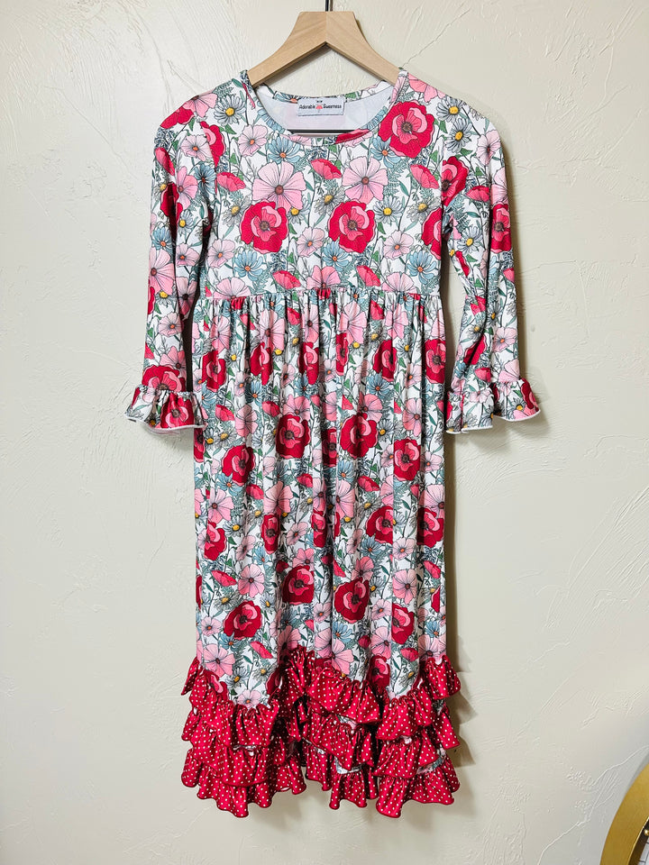 Precious Girls Burgundy Floral Modest Long Maxi Dress with Ruffles *