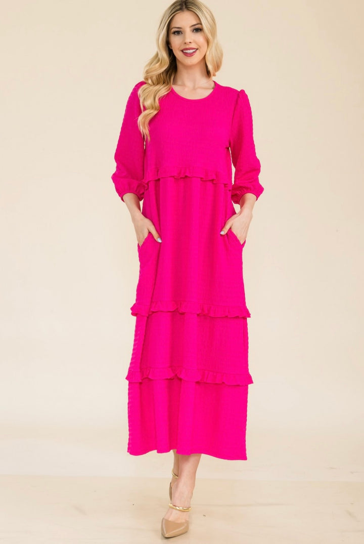 Selena Textured Classic Fuchsia Tiered Ruffle Long Dress