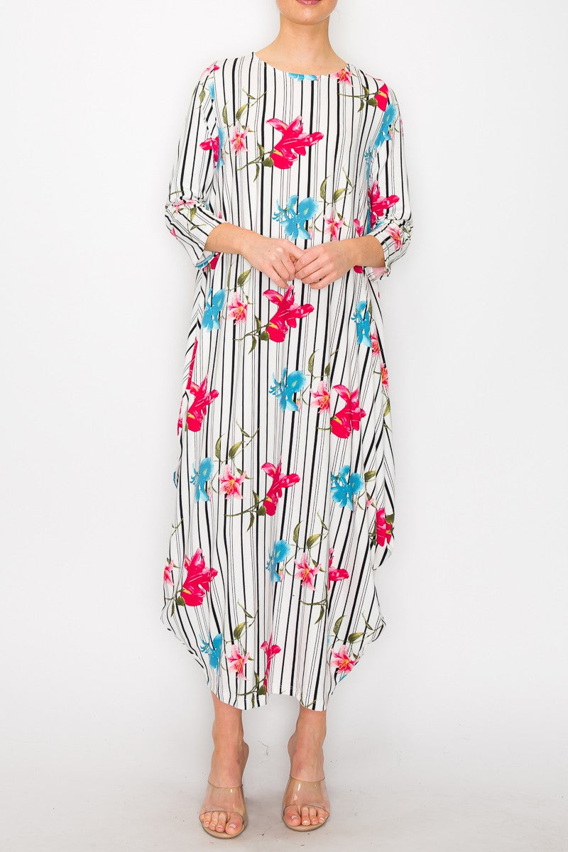 Poliana Striped Floral Pattern Bubble Modest Dress