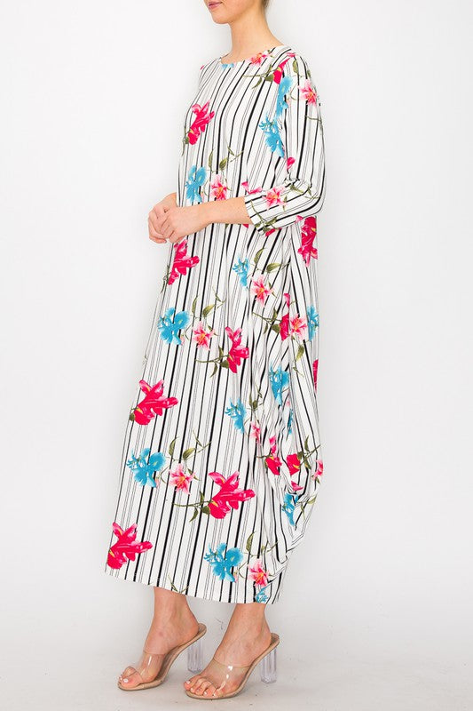 Poliana Striped Floral Pattern Bubble Dress