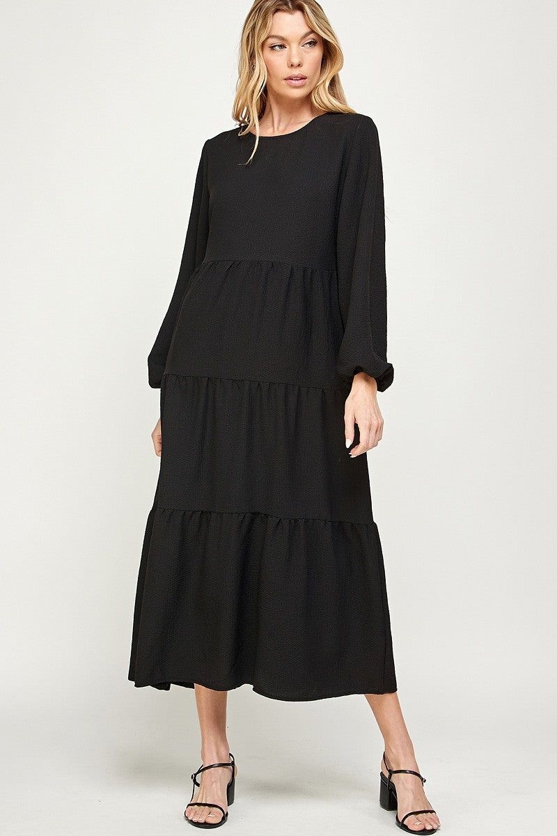 Alexa Black Tiered Comfortable Long Sleeve Modest Dress