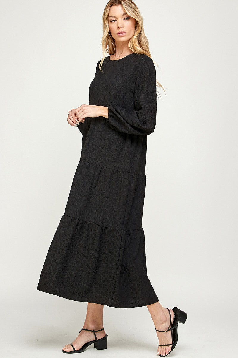 Alexa Black Tiered Comfortable Long Sleeve Dress