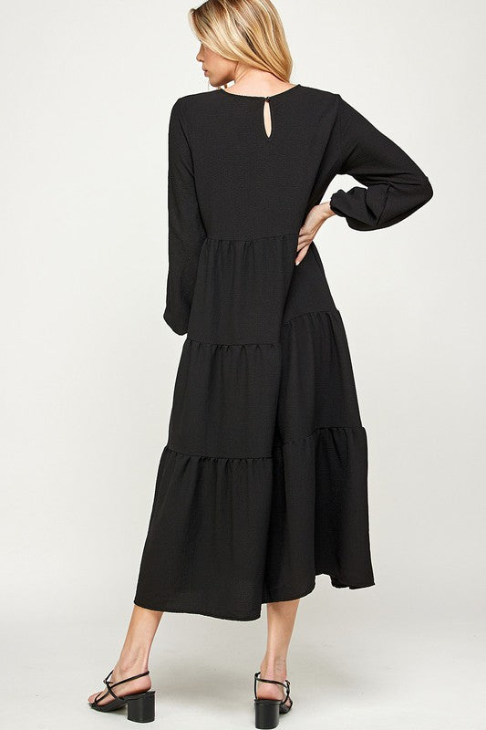 Alexa Black Tiered Comfortable Long Sleeve Dress