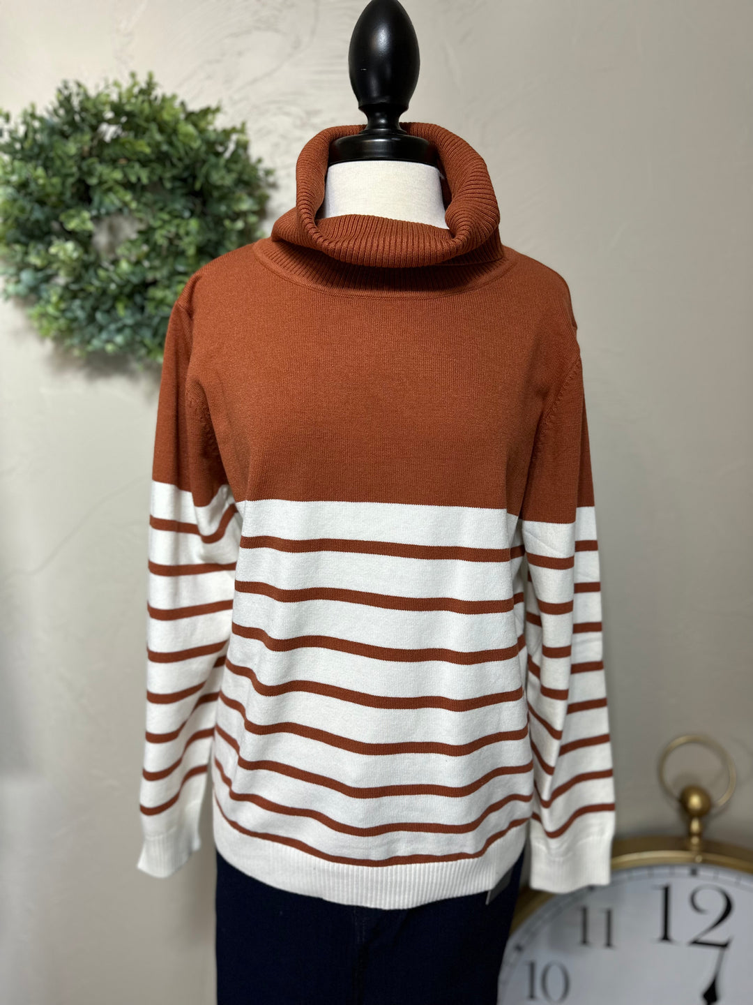 Liza's Rust Striped Turtleneck Sweater