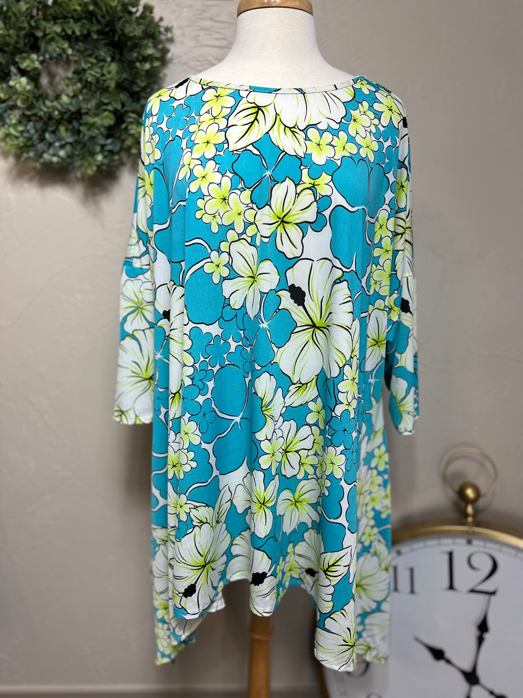Liza's Turquoise Floral Side Drape Handkerchief Top 3x 4x 5x