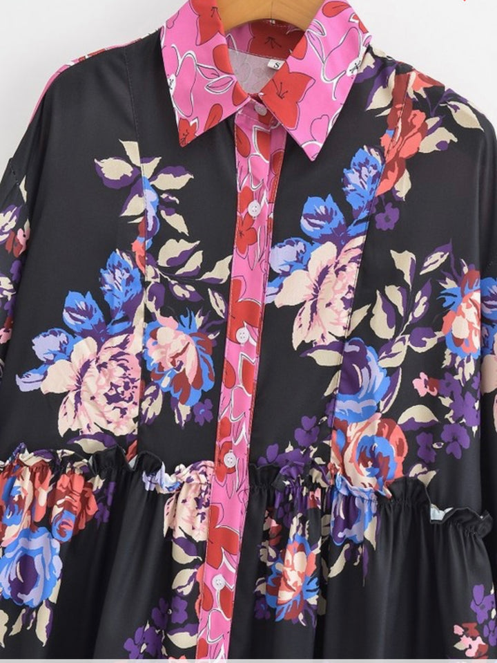 Unique Kaye Black Floral Button Up Blouse Modest Top