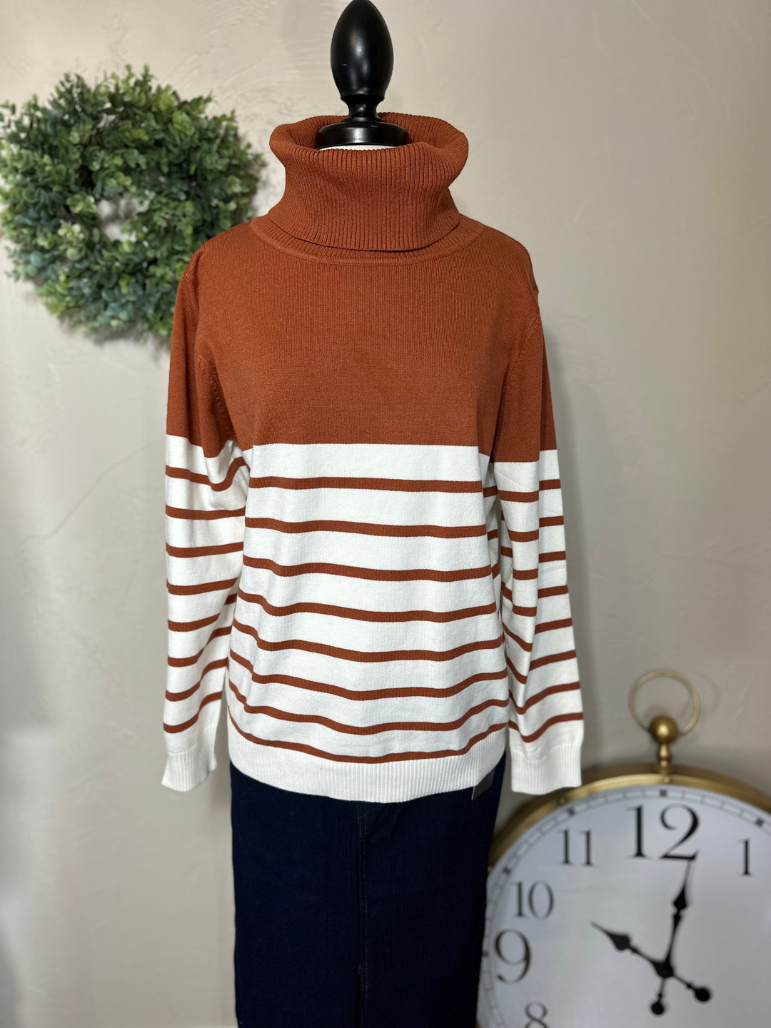 Liza's Rust Striped Turtleneck Sweater