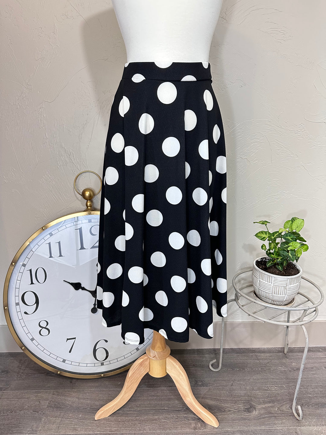 Zoey Black & White Large Polka Dot High Waisted A-line Modest Midi Skirt