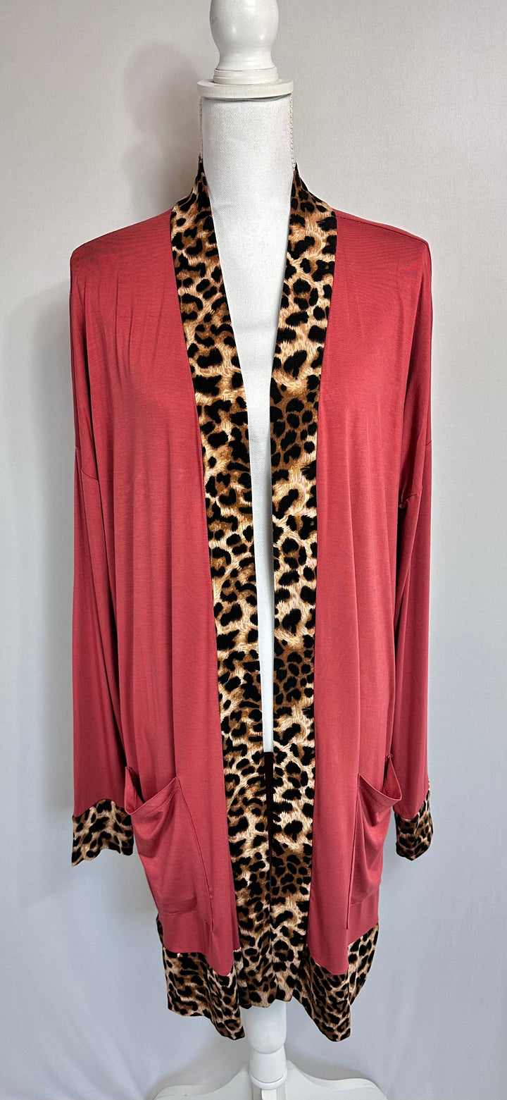 Liza Lou's Marsala Open cardigan Modest Top with Animal Print Trim Contrast with Pockets
