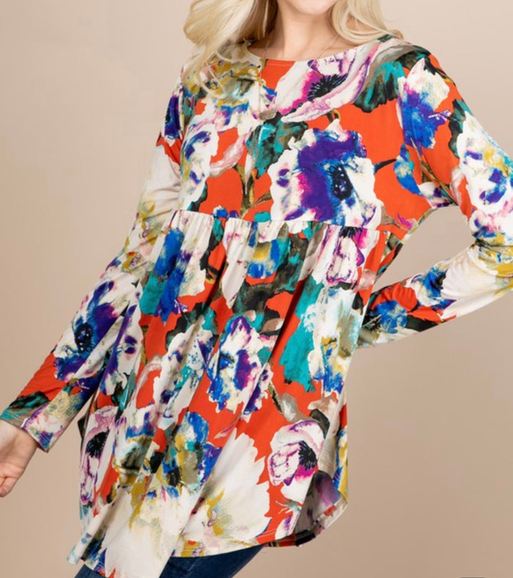 Rust Floral Baby Doll Tunic Top