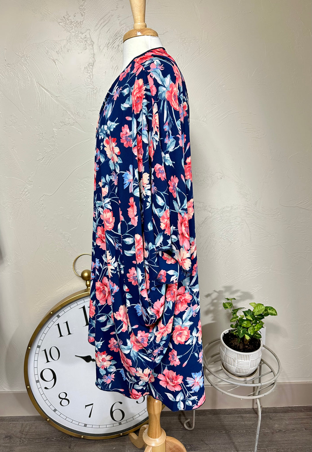 Navy Blue & Floral Kimono Open Cardigan Plus Size