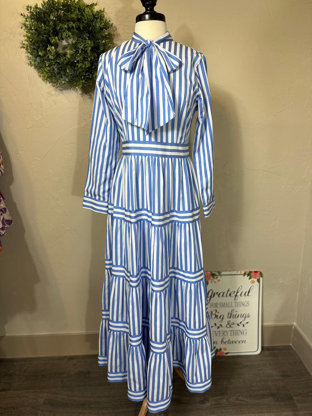 Dainty Jewells Blue and White Striped Dress with Neck Tie